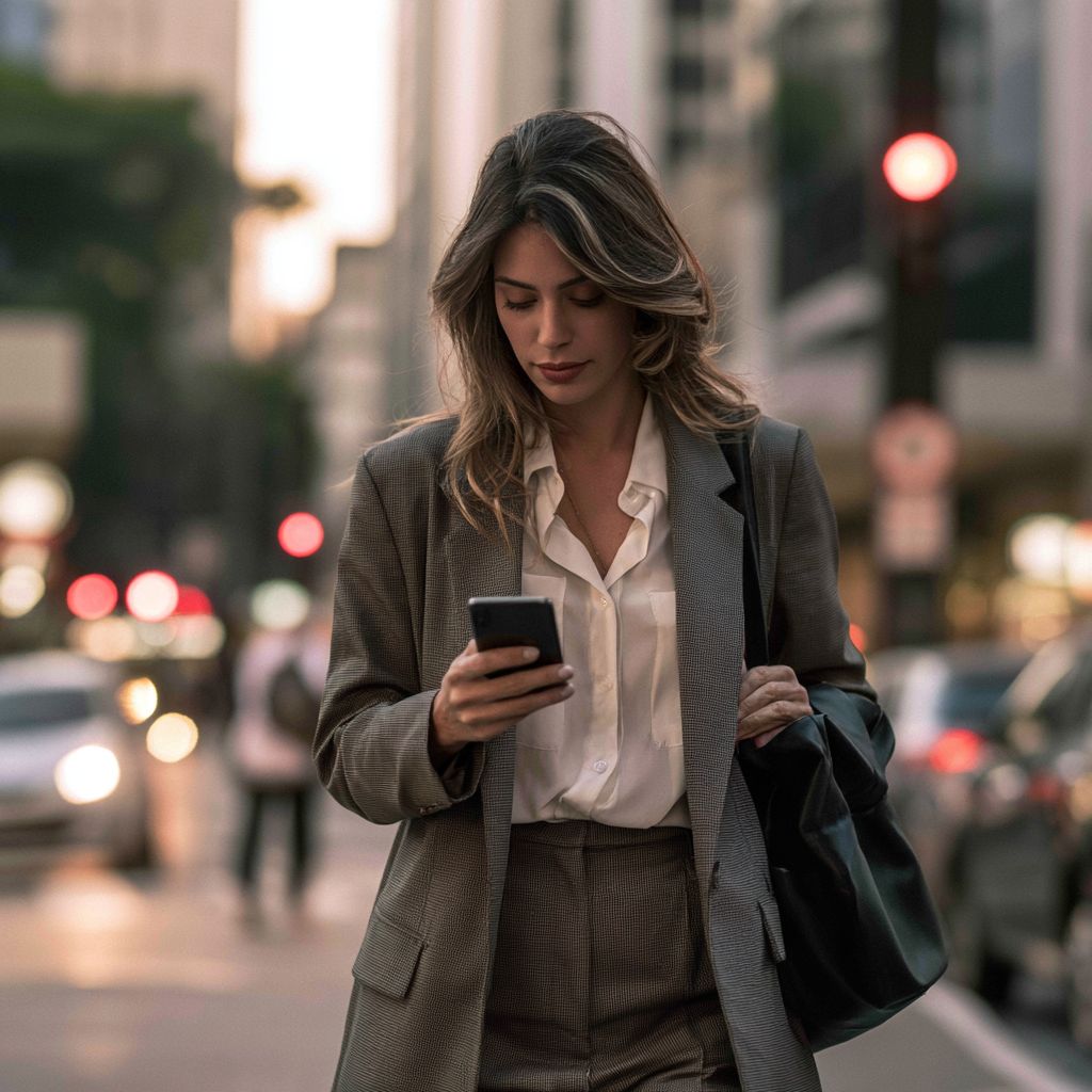 Profissional caminhando na rua enquanto faz perguntas à caixa de entrada pelo celular