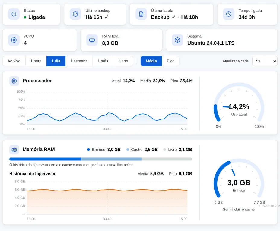Painel de uma instância com status, último backup e os gráficos de processador e memória nas últimas 24 horas