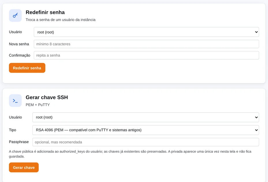 Tela de acesso com a redefinição de senha e a geração de chave SSH
