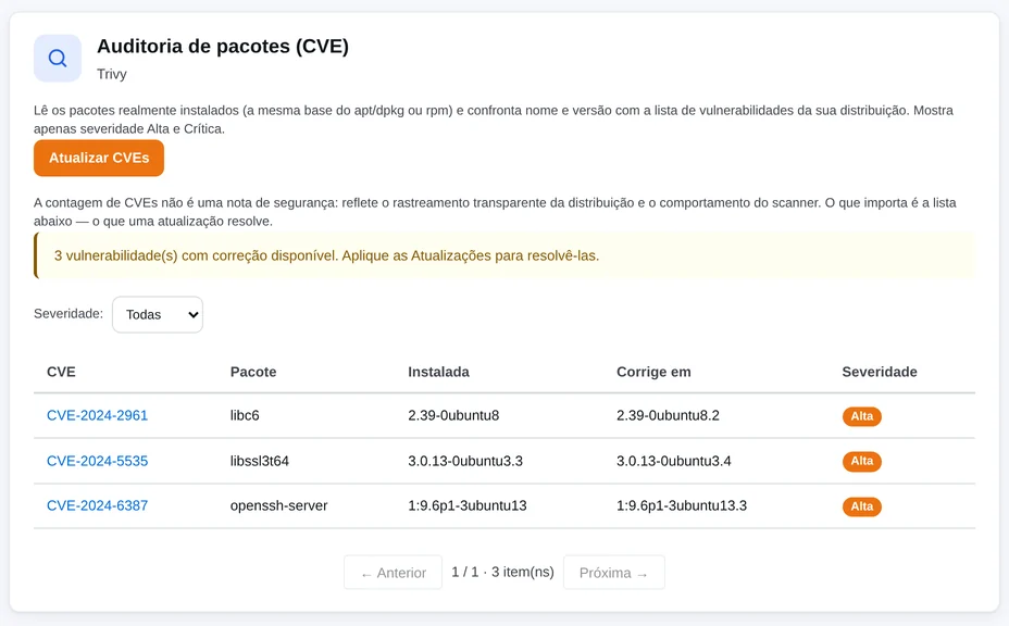 Auditoria de vulnerabilidades com as falhas encontradas e a versão que corrige cada uma