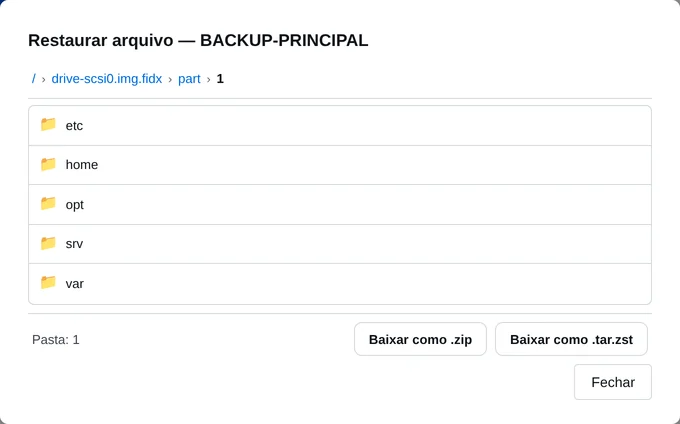 Janela de restauração com as pastas do servidor dentro do backup: etc, home, opt, srv e var