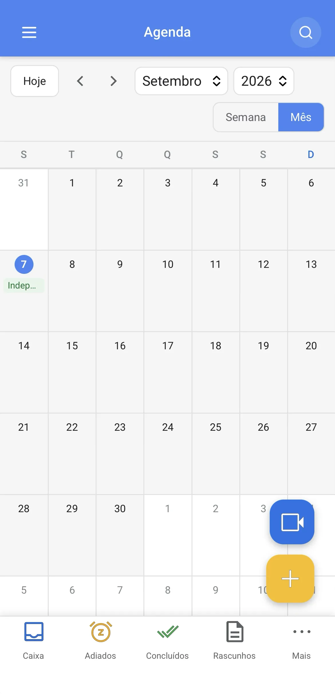 Agenda do INBOX no celular, na visão de mês, com o feriado da Independência marcado em 7 de setembro