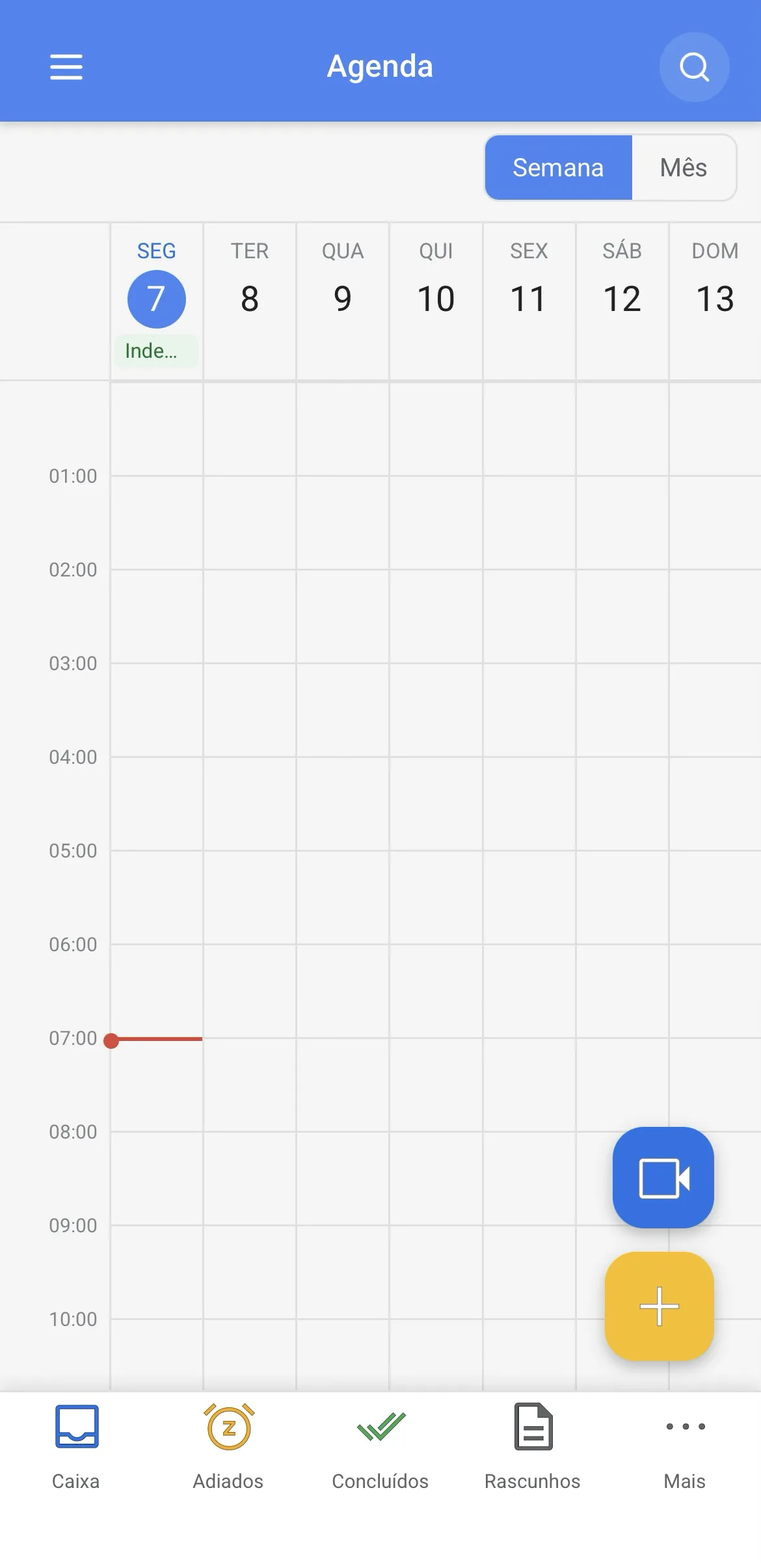 Agenda do INBOX no celular, na visão de semana, com grade de horários e indicador da hora atual