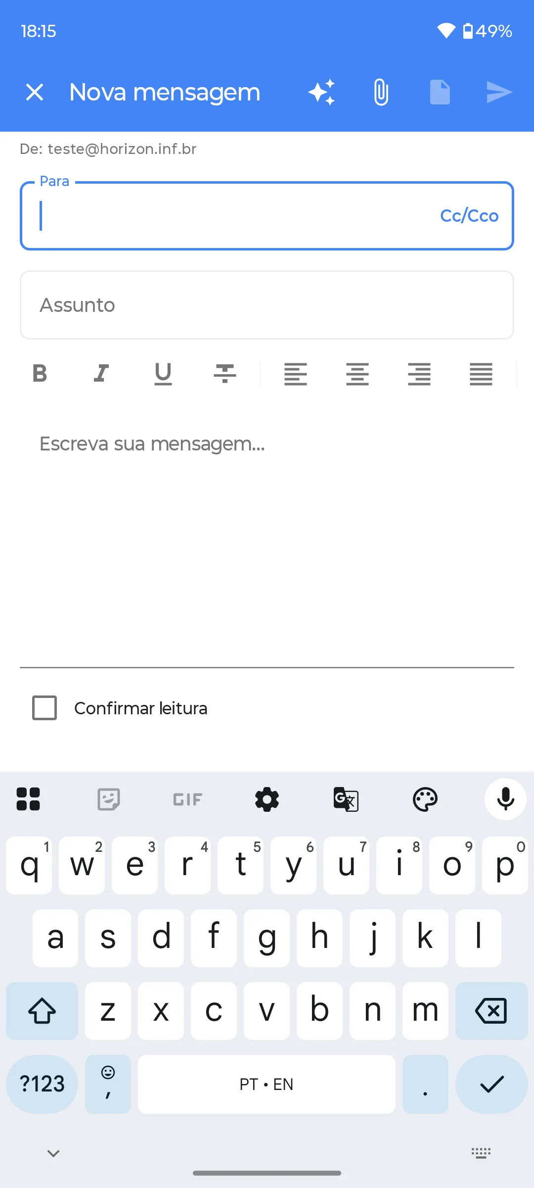 Tela de nova mensagem no app INBOX