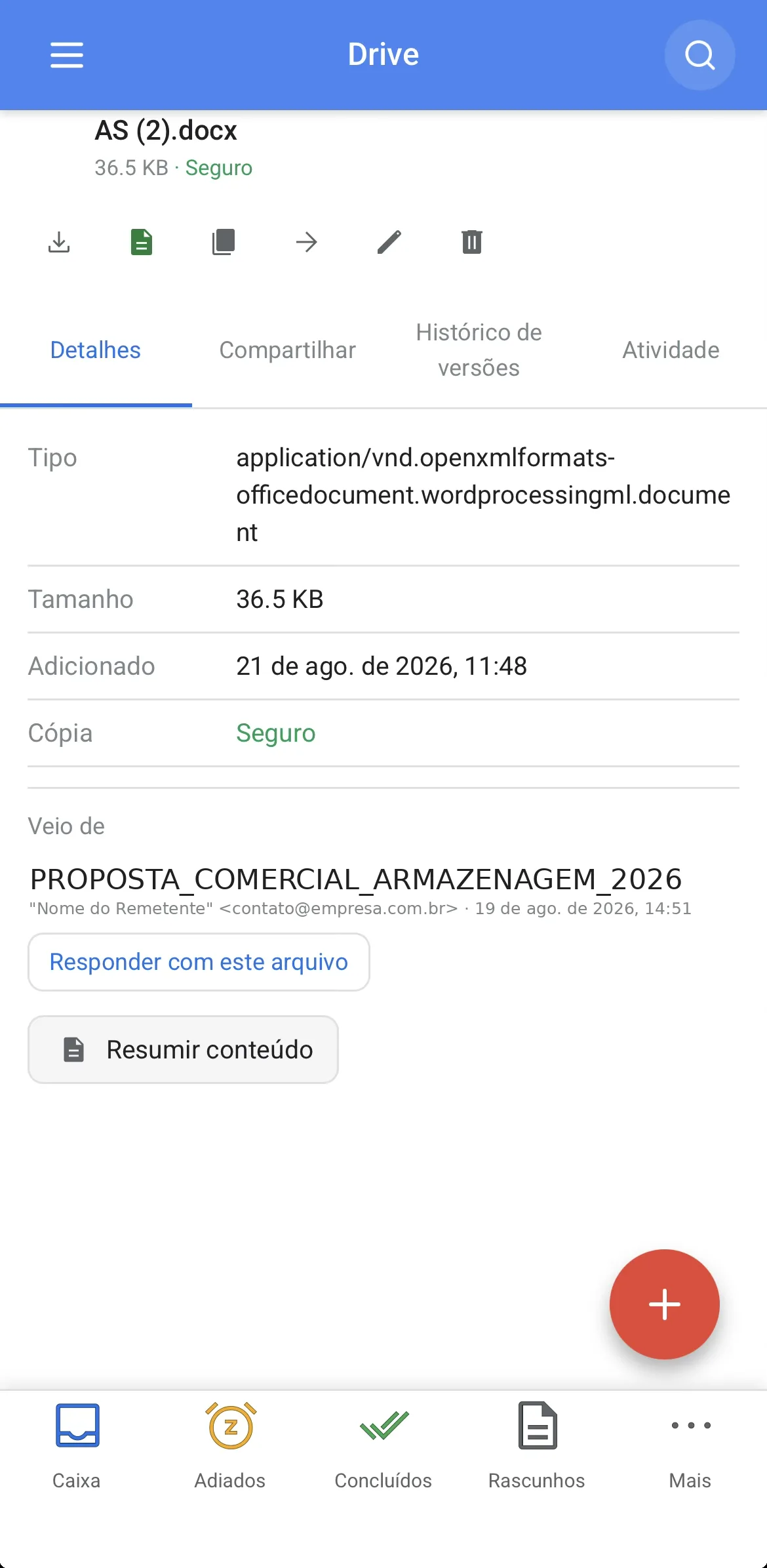 Tela de detalhes de um arquivo no Drive do INBOX, com as abas de compartilhamento, histórico de versões e atividade