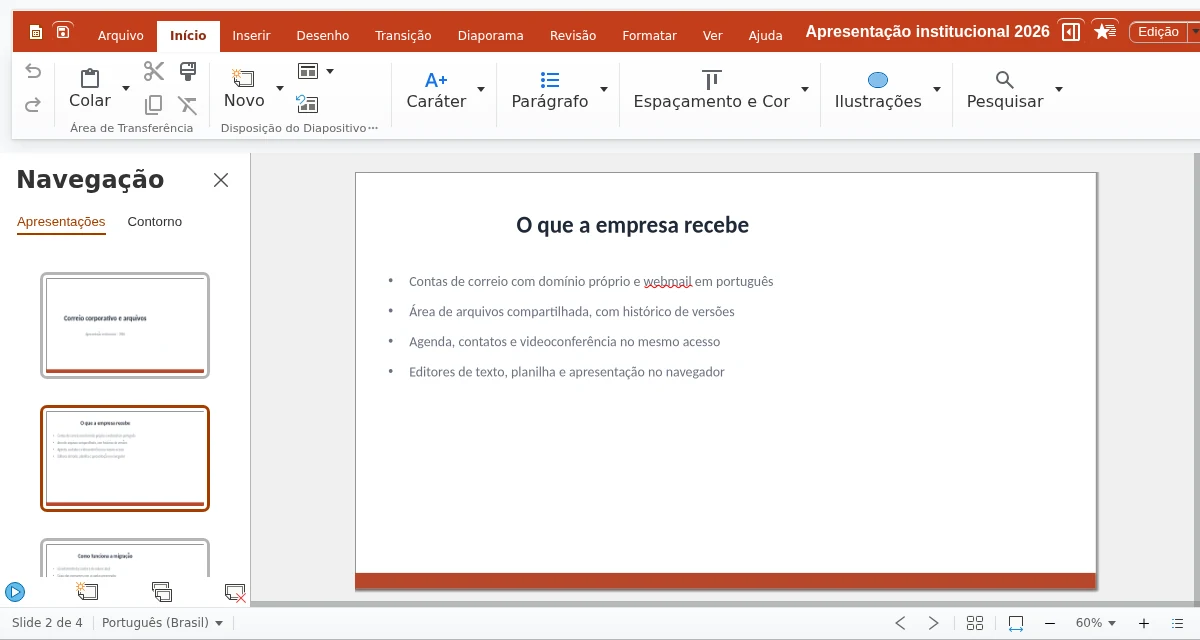 Editor de apresentações do INBOX Office com uma apresentação institucional de quatro slides, painel de navegação à esquerda e galeria de leiautes à direita
