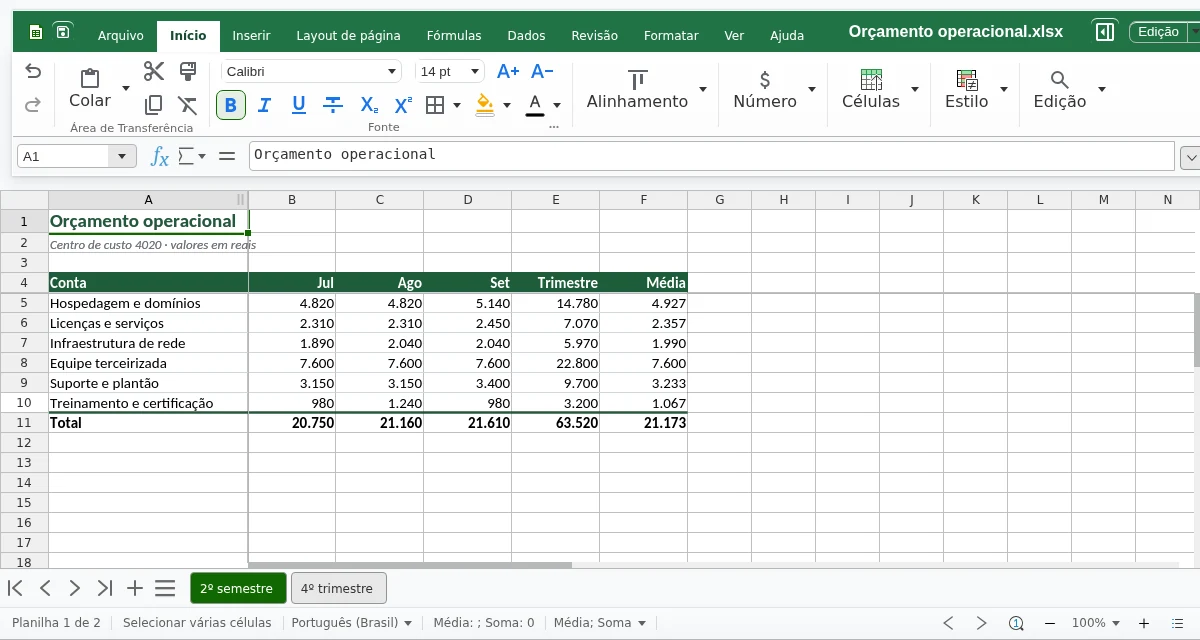 Editor de planilhas do INBOX Office com um orçamento por centro de custo, totais calculados por fórmula e duas abas no mesmo arquivo