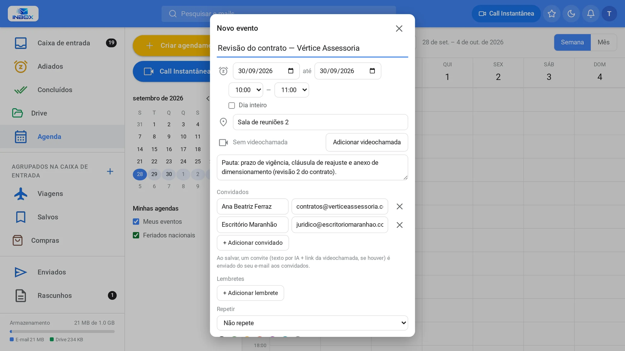 Editor de novo evento na agenda do INBOX, com local, pauta e dois convidados