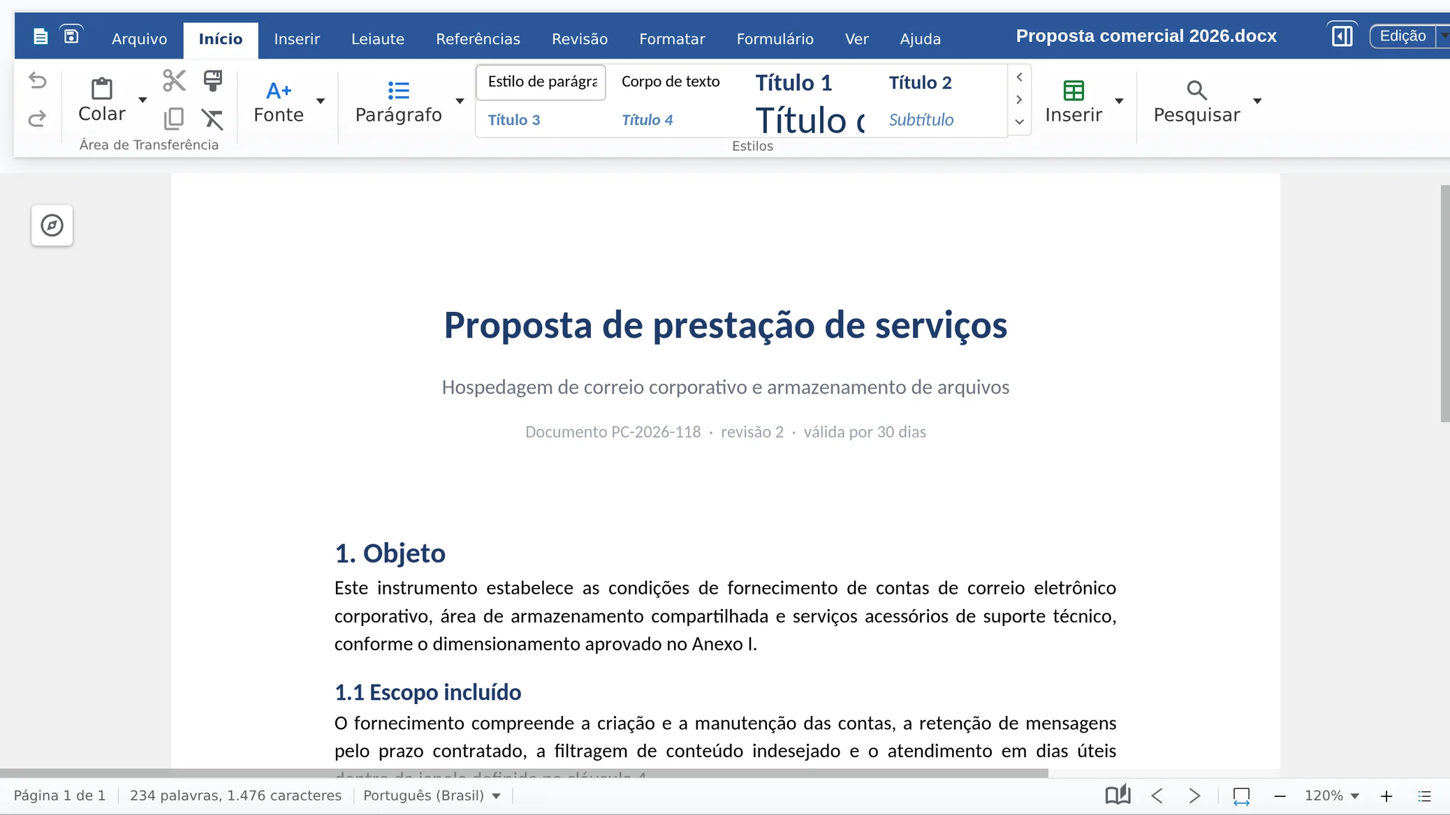 Proposta comercial em .docx aberta no INBOX Office, no navegador