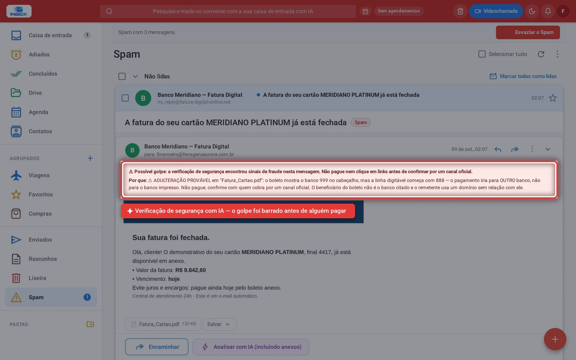 Fatura falsa de cartão no Spam do INBOX, com o aviso 