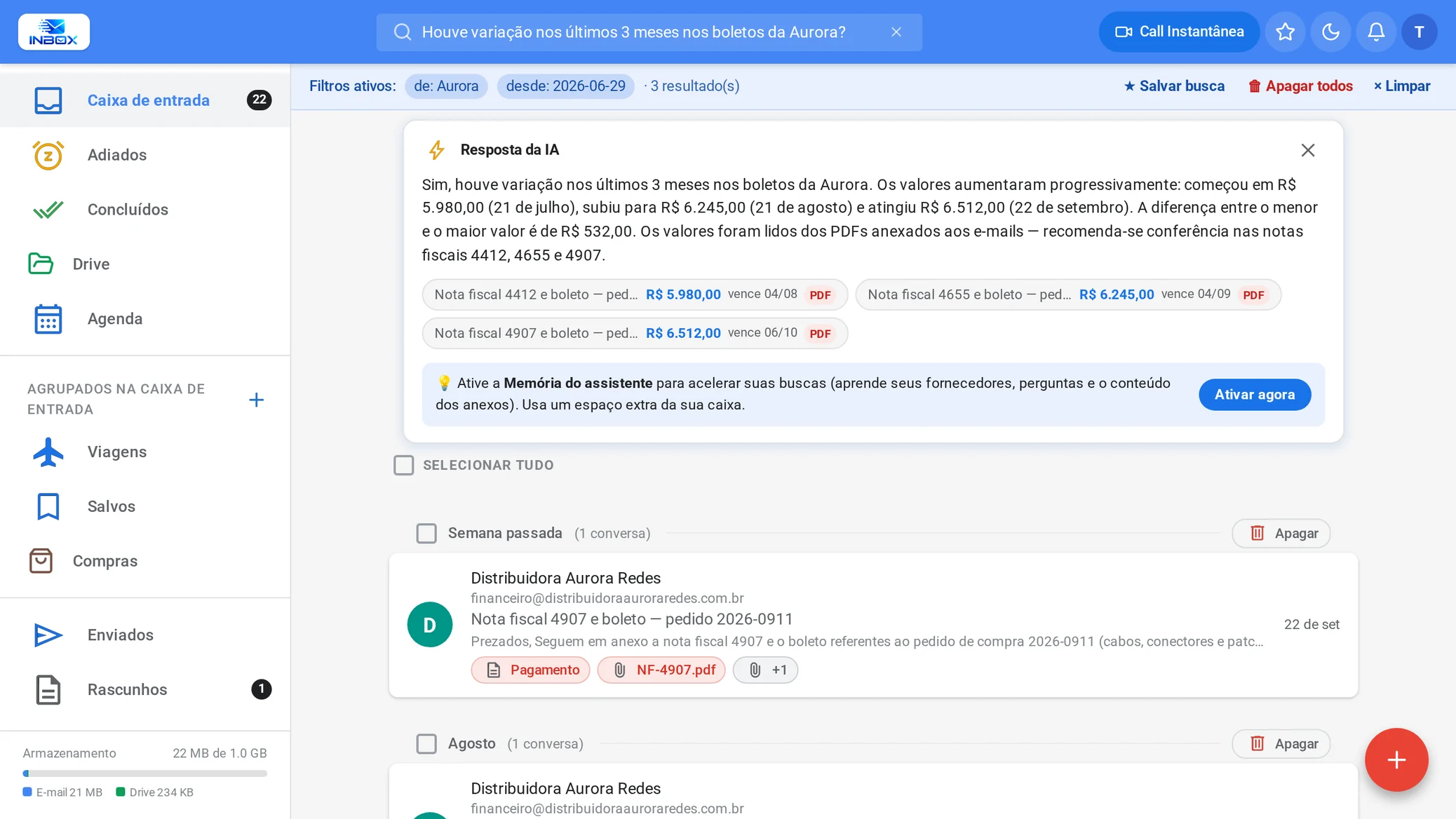 Busca do INBOX respondendo à pergunta sobre a variação dos boletos da Aurora, com os três valores e as notas fiscais de origem