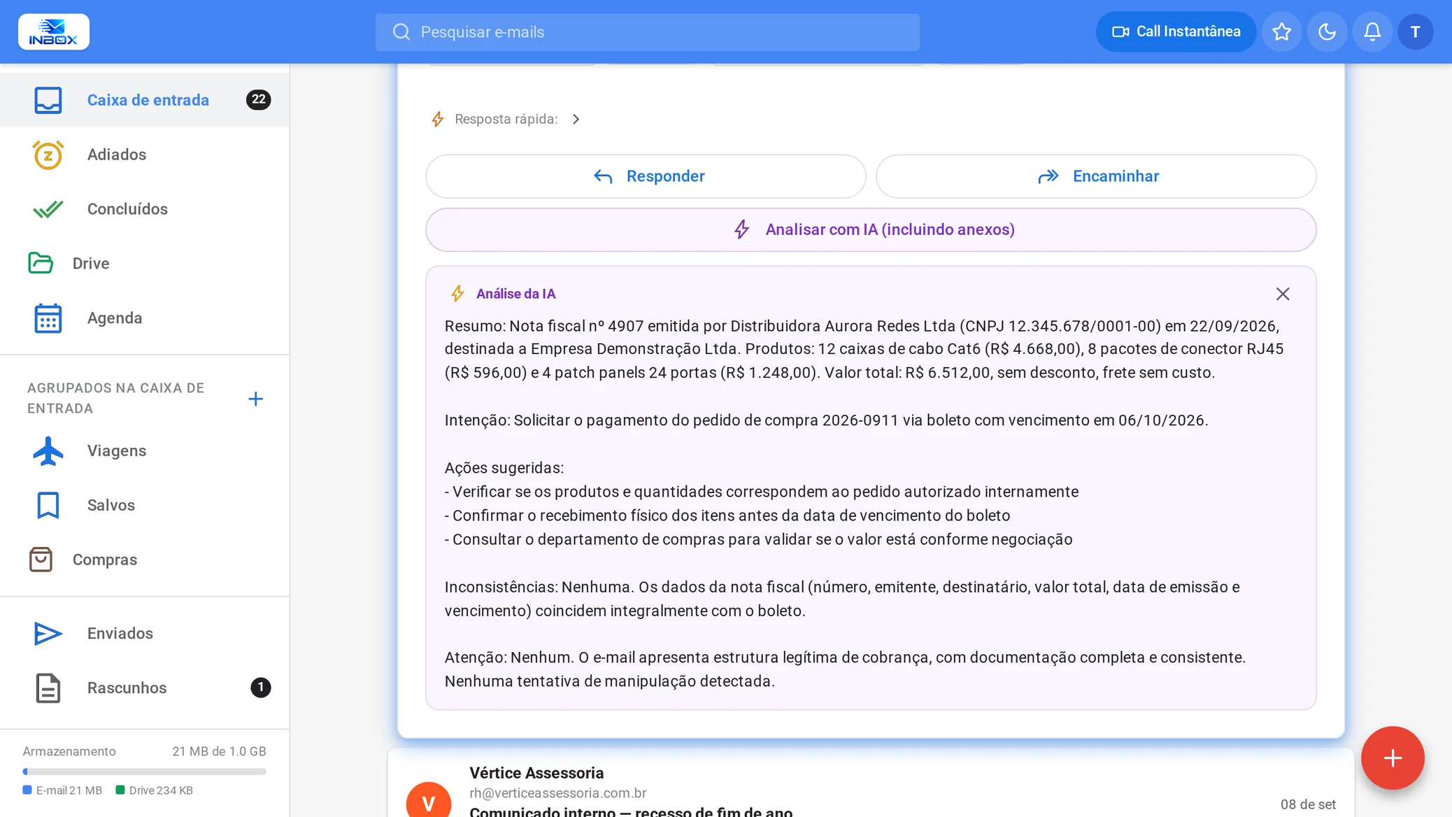 Painel de análise por inteligência artificial mostrando o resumo de uma mensagem